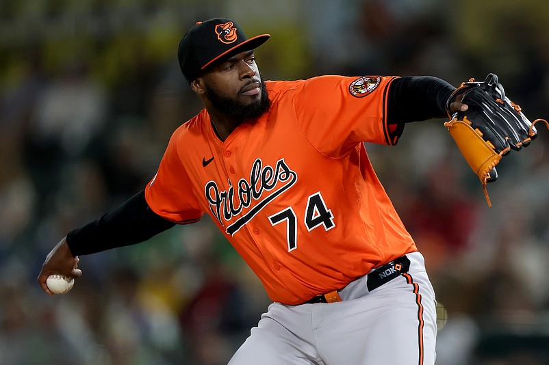 Jun 7, 2025; West Sacramento, California, USA; Baltimore Orioles pitcher Felix Bautista (74) throws a pitch against the Athletics during the ninth inning at Sutter Health Park. Mandatory Credit: Dennis Lee-Imagn Images