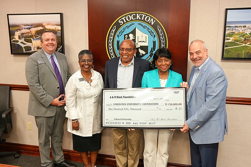 PROVIDED/From left, Dan Nugent, Stockton Foundation executive director; Terricita Sass, Stockton University executive vice president and chief of staff; Anthony and Rita Mack; and Stockton President Joe Bertolino. The Macks donated $150,000 to create a new endowed scholarship for Stockton students.