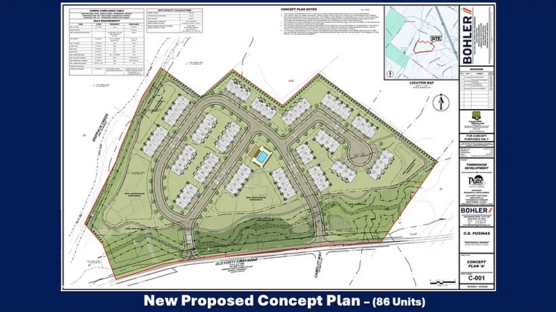 Developer Pulte Homes presented Towamencin’s board of supervisors with an updated conceptual site plan for a project proposing 86 townhouses on a roughly 24-acre parcel on Old Forty Foot Road during the board’s July 9, 2025 meeting. (Screenshot of meeting video)