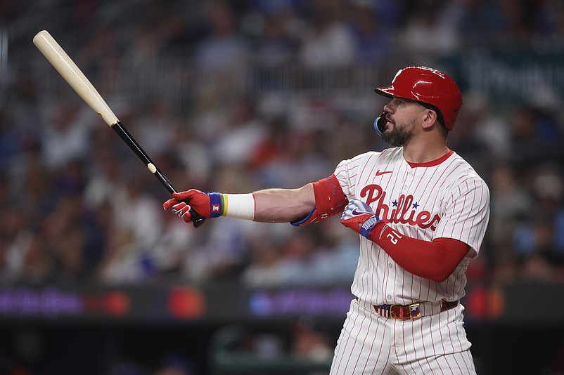 Jul 15, 2025; Cumberland, Georgia, USA; National League designated hitter Kyle Schwarber (12) of the Philadelphia Phillies in the fifth inning during the 2025 MLB All Star Game at Truist Park. Mandatory Credit: Brett Davis-Imagn Images