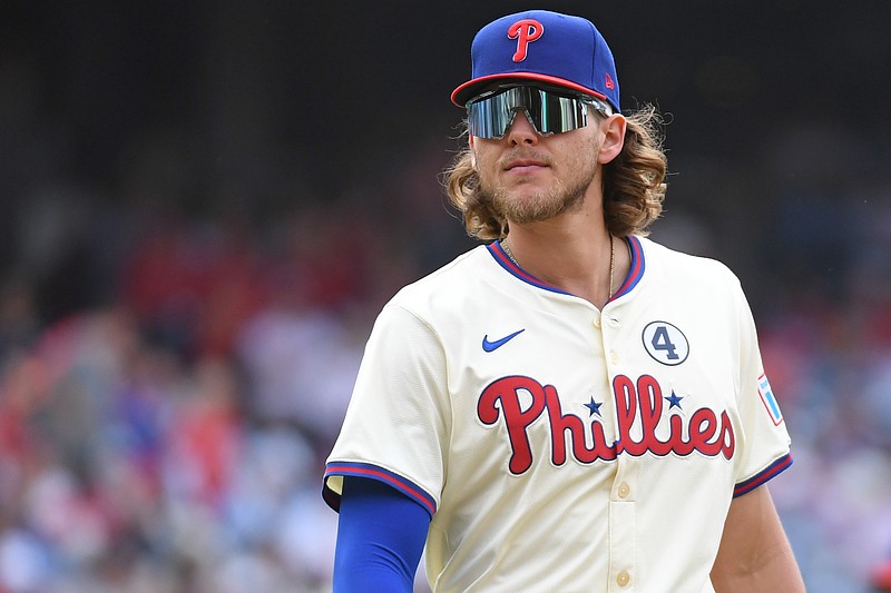 Jun 1, 2025; Philadelphia, Pennsylvania, USA; Philadelphia Phillies third base Alec Bohm (28) against the Milwaukee Brewers at Citizens Bank Park. Mandatory Credit: Eric Hartline-Imagn Images