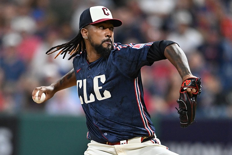 Jul 18, 2025; Cleveland, Ohio, USA; Cleveland Guardians pitcher Emmanuel Clase (48) throws a pitch during the ninth inning against the Athletics at Progressive Field. Mandatory Credit: Ken Blaze-Imagn Images