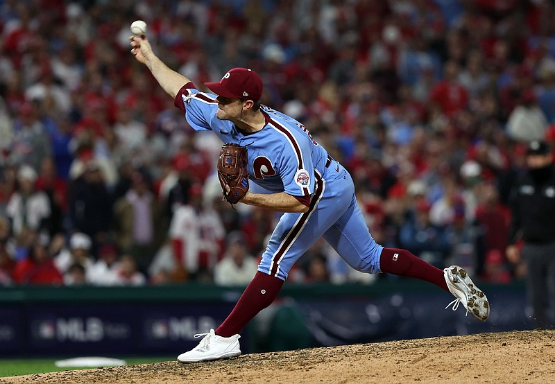 Nov 3, 2022; Philadelphia, Pennsylvania, USA; Philadelphia Phillies relief pitcher David Robertson (30) throws a pitch against the Houston Astros during the eighth inning in game five of the 2022 World Series at Citizens Bank Park. Mandatory Credit: Bill Streicher-USA TODAY Sports