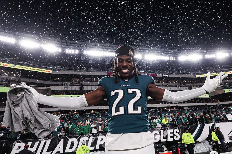 Jan 26, 2025; Philadelphia, PA, USA; Philadelphia Eagles cornerback Kelee Ringo (22) celebrates after a victory in the NFC Championship game against the Washington Commanders at Lincoln Financial Field. Mandatory Credit: Bill Streicher-Imagn Images