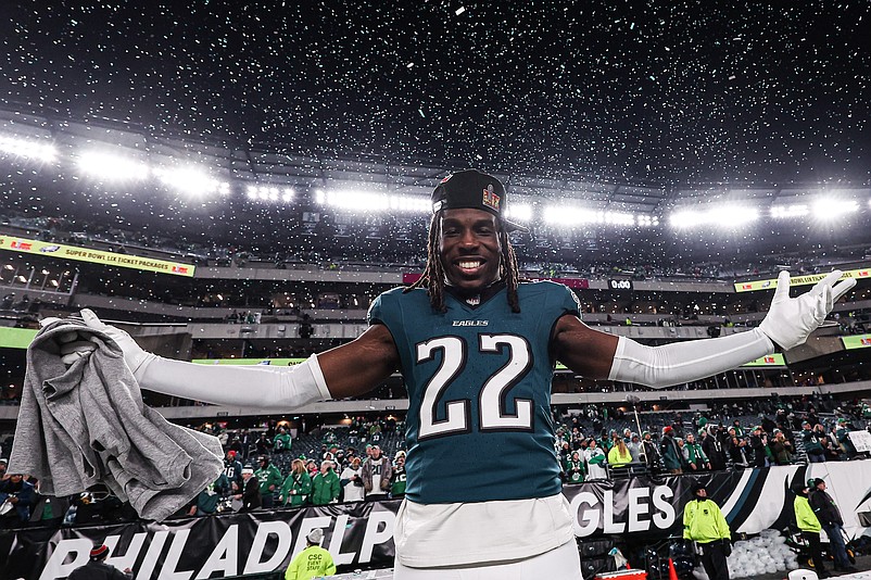 Jan 26, 2025; Philadelphia, PA, USA; Philadelphia Eagles cornerback Kelee Ringo (22) celebrates after a victory in the NFC Championship game against the Washington Commanders at Lincoln Financial Field. Mandatory Credit: Bill Streicher-Imagn Images