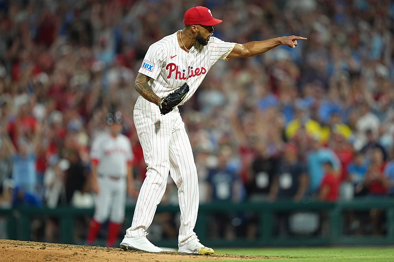 Jul 22, 2025; Philadelphia, Pennsylvania, USA; Philadelphia Phillies starting pitcher Cristopher Sanchez (61) reacts after securing the final out against the Boston Red Sox in the ninth inning at Citizens Bank Park. Mandatory Credit: Kyle Ross-Imagn Images