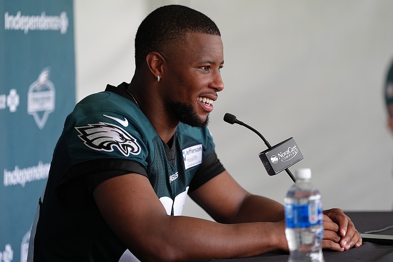 Jul 23, 2025; Philadelphia, PA, USA; Philadelphia Eagles running back Saquon Barkley (26) addresses media during training camp at NovaCare Complex. Mandatory Credit: Kyle Ross-Imagn Images