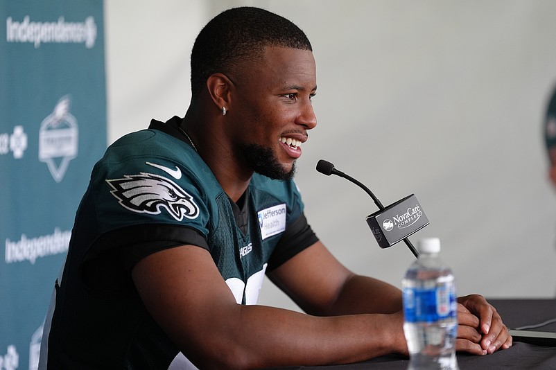 Jul 23, 2025; Philadelphia, PA, USA; Philadelphia Eagles running back Saquon Barkley (26) addresses media during training camp at NovaCare Complex. Mandatory Credit: Kyle Ross-Imagn Images