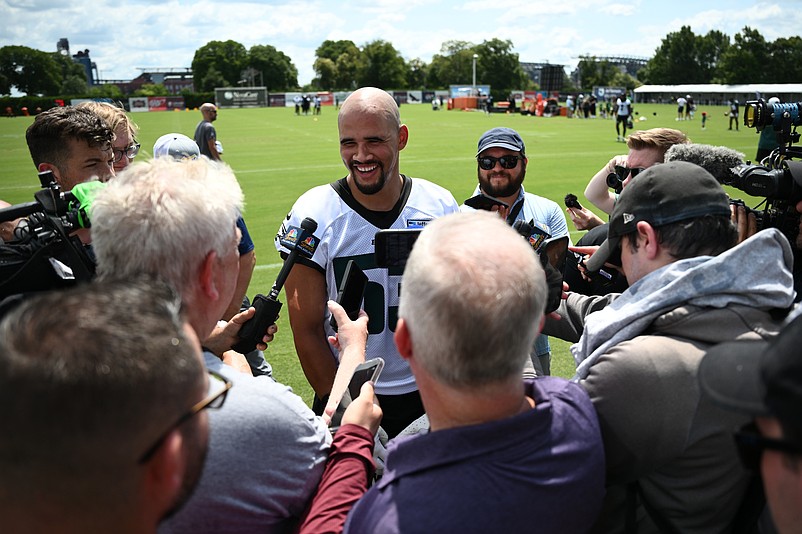 Jul 23, 2025; Philadelphia, PA, USA; Philadelphia Eagles linebacker Zack Baun (53) addresses media during training camp at NovaCare Complex. Mandatory Credit: Kyle Ross-Imagn Images