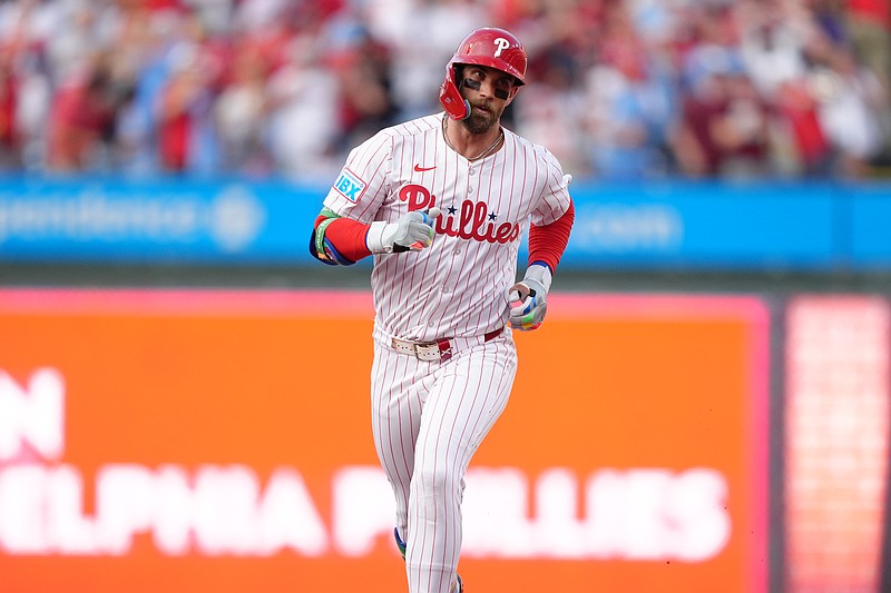 Jul 23, 2025; Philadelphia, Pennsylvania, USA; Philadelphia Phillies infielder Bryce Harper (3) rounds the bases after hitting a home run against the Boston Red Sox in the first inning at Citizens Bank Park. Mandatory Credit: Kyle Ross-Imagn Images