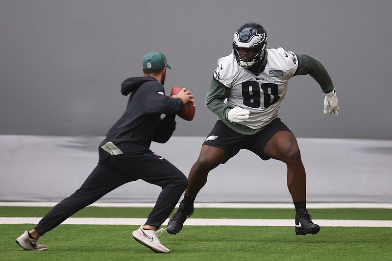 May 28, 2025; Philadelphia, PA, USA; Philadelphia Eagles defensive tackle Jordan Davis (90) runs a drill during OTAs at NovaCare Complex. Mandatory Credit: Bill Streicher-Imagn Images