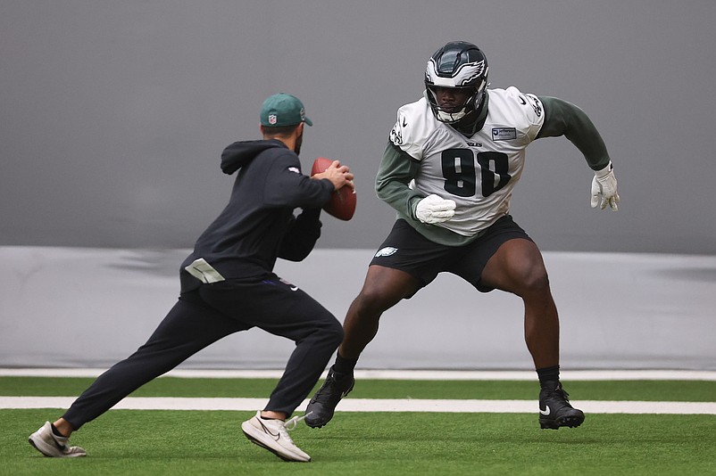 May 28, 2025; Philadelphia, PA, USA; Philadelphia Eagles defensive tackle Jordan Davis (90) runs a drill during OTAs at NovaCare Complex. Mandatory Credit: Bill Streicher-Imagn Images