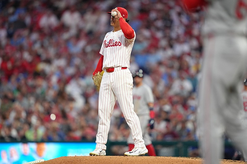 Jul 23, 2025; Philadelphia, Pennsylvania, USA; Philadelphia Phillies starting pitcher Jesus Luzardo (44) reacts against the Boston Red Sox in the fifth inning at Citizens Bank Park. Mandatory Credit: Kyle Ross-Imagn Images