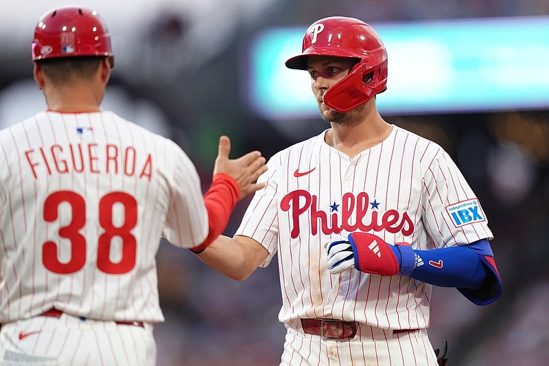 Jul 22, 2025; Philadelphia, Pennsylvania, USA; Philadelphia Phillies infielder Trea Turner (7) reacts after hitting a single against the Boston Red Sox in the fourth inning at Citizens Bank Park. Mandatory Credit: Kyle Ross-Imagn Images