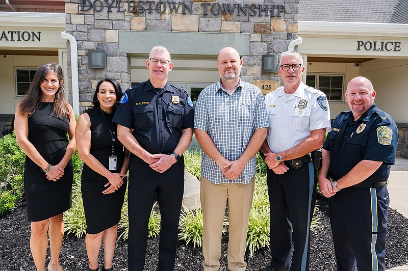 From left, Bucks County Human Services Director Rachael Neff, Bucks County Community Engagement Officer Ivone Kovalsky, New Britain Township Police Chief Richard Clowser, Human Services Co-Responder Scott Marshall, Plumstead Township Police Chief David Mettin and Doylestown Township Police Chief Charles Ziegler. (Credit: Bucks County)