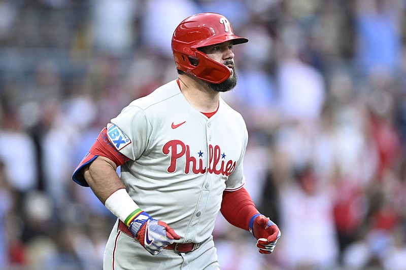 Jul 11, 2025; San Diego, California, USA; Philadelphia Phillies left fielder Kyle Schwarber (12) rounds the bases after hitting a solo home run during the third inning against the San Diego Padres at Petco Park. Mandatory Credit: Denis Poroy-Imagn Images