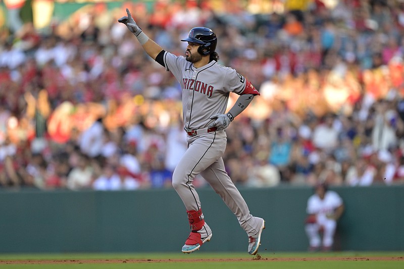 Jul 12, 2025; Anaheim, California, USA;  Arizona Diamondbacks third baseman Eugenio Suarez (28) rounds the bases after a solo home run during the second inning against the Los Angeles Angels at Angel Stadium. Mandatory Credit: Jayne Kamin-Oncea-Imagn Images