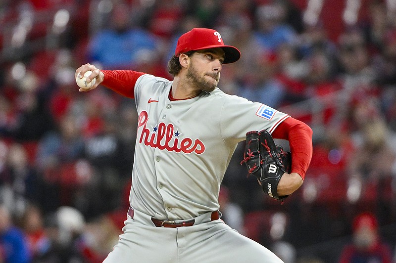 Apr 11, 2025; St. Louis, Missouri, USA;  Philadelphia Phillies starting pitcher Aaron Nola (27) pitches against the St. Louis Cardinals during the first inning at Busch Stadium. Mandatory Credit: Jeff Curry-Imagn Images