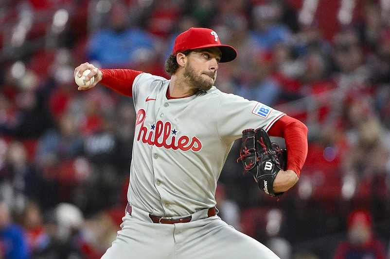 Apr 11, 2025; St. Louis, Missouri, USA;  Philadelphia Phillies starting pitcher Aaron Nola (27) pitches against the St. Louis Cardinals during the first inning at Busch Stadium. Mandatory Credit: Jeff Curry-Imagn Images