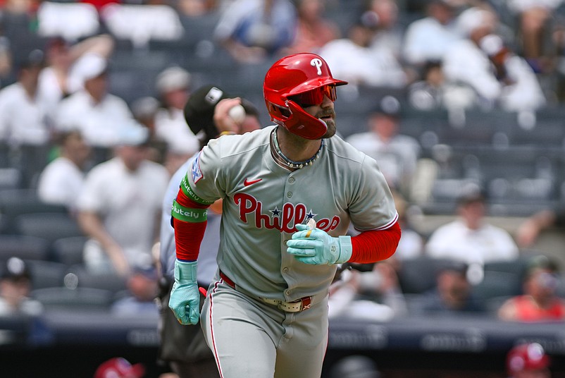 Jul 26, 2025; Bronx, New York, USA; Philadelphia Phillies first baseman Bryce Harper (3) runs the bases after hitting a solo home run against the New York Yankees during the third inning at Yankee Stadium. Mandatory Credit: John Jones-Imagn Images
