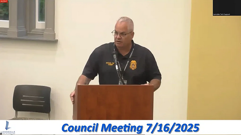 Lansdale police Chief Mike Trail speaks to borough council during his public safety committee report in the July 16, 2025 meeting. (Screenshot of meeting video)
