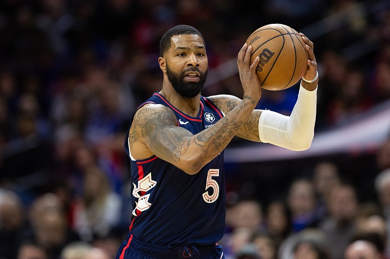 Feb 3, 2024; Philadelphia, Pennsylvania, USA; Philadelphia 76ers forward Marcus Morris Sr. (5) in a game against the Brooklyn Nets during the first quarter at Wells Fargo Center. Mandatory Credit: Bill Streicher-USA TODAY Sports