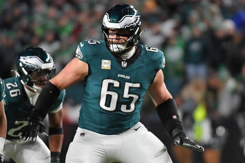 Nov 14, 2024; Philadelphia, Pennsylvania, USA; Philadelphia Eagles offensive tackle Lane Johnson (65) against the Washington Commanders at Lincoln Financial Field. Mandatory Credit: Eric Hartline-Imagn Images