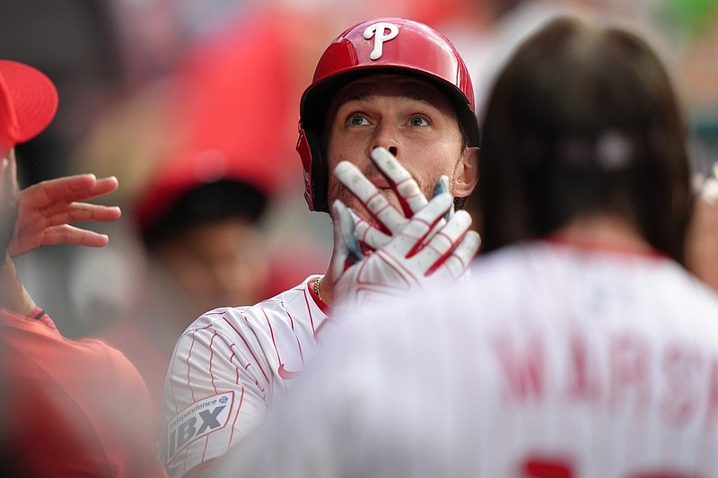 Jul 22, 2025; Philadelphia, Pennsylvania, USA; Philadelphia Phillies outfielder Max Kepler (17) reacts with teammates after hitting a home run against the Boston Red Sox in the second inning at Citizens Bank Park. Mandatory Credit: Kyle Ross-Imagn Images