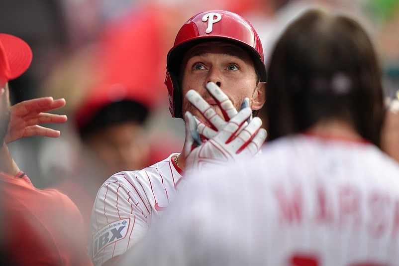 Jul 22, 2025; Philadelphia, Pennsylvania, USA; Philadelphia Phillies outfielder Max Kepler (17) reacts with teammates after hitting a home run against the Boston Red Sox in the second inning at Citizens Bank Park. Mandatory Credit: Kyle Ross-Imagn Images
