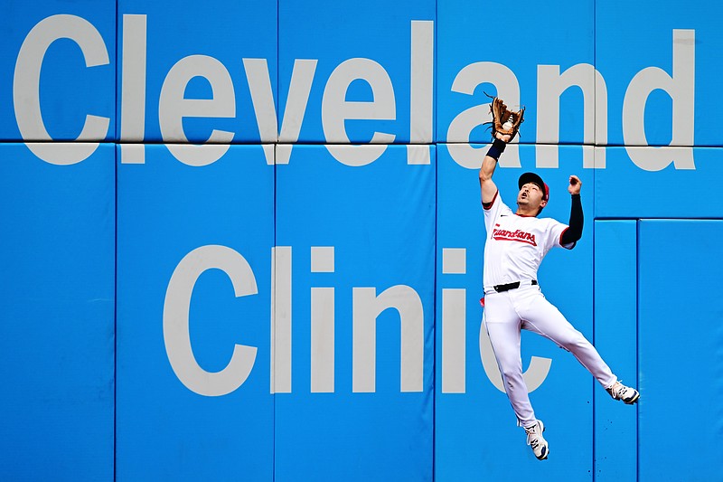 Jul 6, 2025; Cleveland, Ohio, USA; Cleveland Guardians left fielder Steven Kwan (38) catches a ball hit by Detroit Tigers second baseman Colt Keith (not pictured) during the third inning at Progressive Field. Mandatory Credit: Ken Blaze-Imagn Images