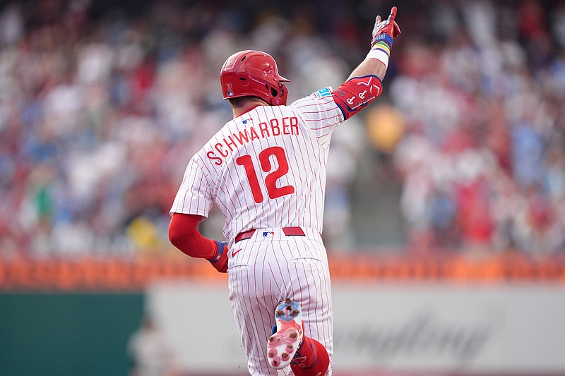 Jul 22, 2025; Philadelphia, Pennsylvania, USA; Philadelphia Phillies designated hitter Kyle Schwarber (12) rounds the bases after hitting a home run against the Boston Red Sox in the second inning at Citizens Bank Park. Mandatory Credit: Kyle Ross-Imagn Images