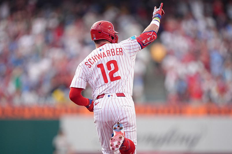 Jul 22, 2025; Philadelphia, Pennsylvania, USA; Philadelphia Phillies designated hitter Kyle Schwarber (12) rounds the bases after hitting a home run against the Boston Red Sox in the second inning at Citizens Bank Park. Mandatory Credit: Kyle Ross-Imagn Images