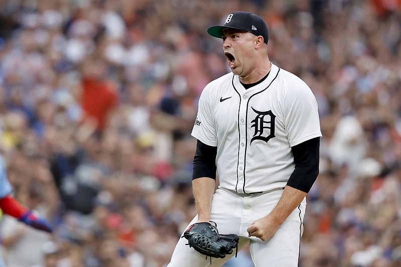 Jul 26, 2025; Detroit, Michigan, USA;  Detroit Tigers pitcher Tarik Skubal (29) reacts after he gets a strike out to end the sixth inning against the Toronto Blue Jays at Comerica Park. Mandatory Credit: Rick Osentoski-Imagn Images