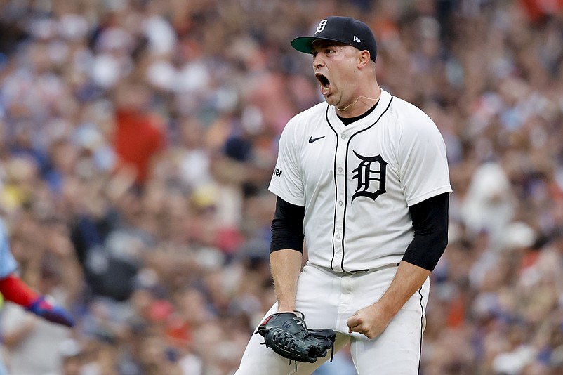 Jul 26, 2025; Detroit, Michigan, USA;  Detroit Tigers pitcher Tarik Skubal (29) reacts after he gets a strike out to end the sixth inning against the Toronto Blue Jays at Comerica Park. Mandatory Credit: Rick Osentoski-Imagn Images