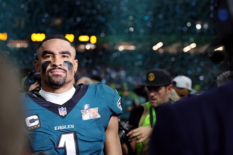 Feb 9, 2025; New Orleans, LA, USA; Philadelphia Eagles quarterback Jalen Hurts (1) celebrates after winning Super Bowl LIX against the Kansas City Chiefs at Caesars Superdome. Mandatory Credit: Geoff Burke-Imagn Images
