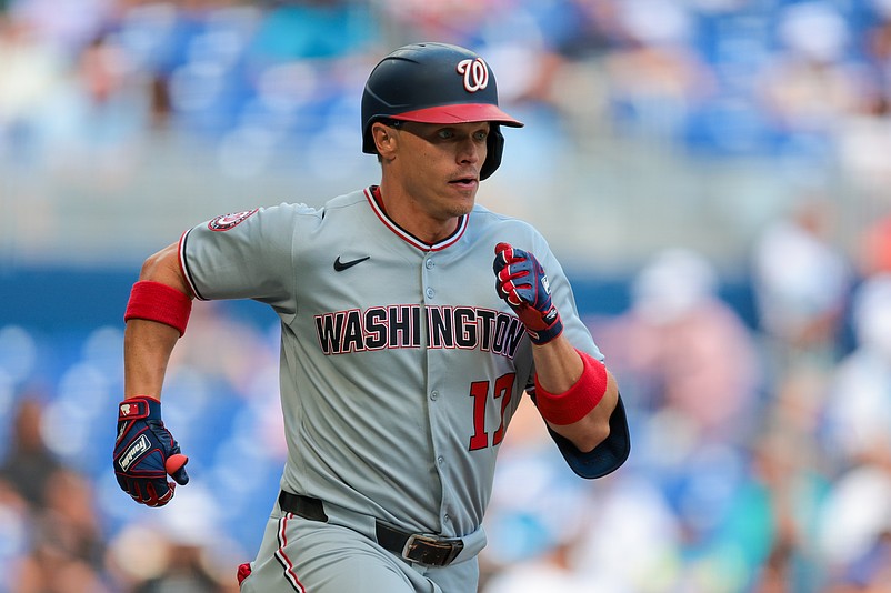 Apr 13, 2025; Miami, Florida, USA; Washington Nationals right fielder Alex Call (17) runs toward first base after hitting an RBI single against the Miami Marlins during the fourth inning at loanDepot Park. Mandatory Credit: Sam Navarro-Imagn Images