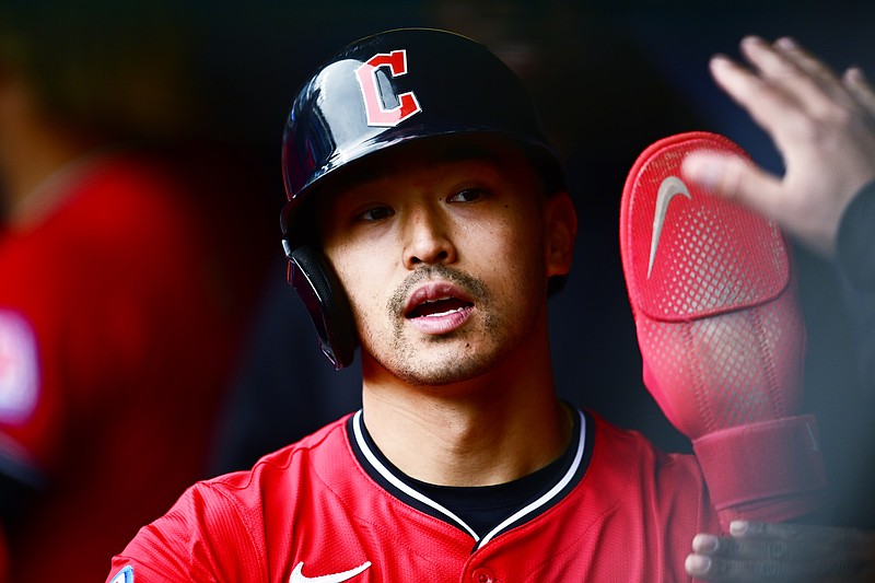 Apr 26, 2025; Cleveland, Ohio, USA; Cleveland Guardians left fielder Steven Kwan (38) celebrates after scoring during the first inning against the Boston Red Sox at Progressive Field. Mandatory Credit: Ken Blaze-Imagn Images