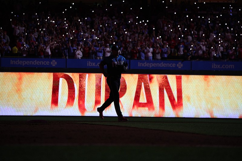 Jhoan Duran trots in for a save at Citizens Bank Park. (Grace Del Pizzo/On Pattison)