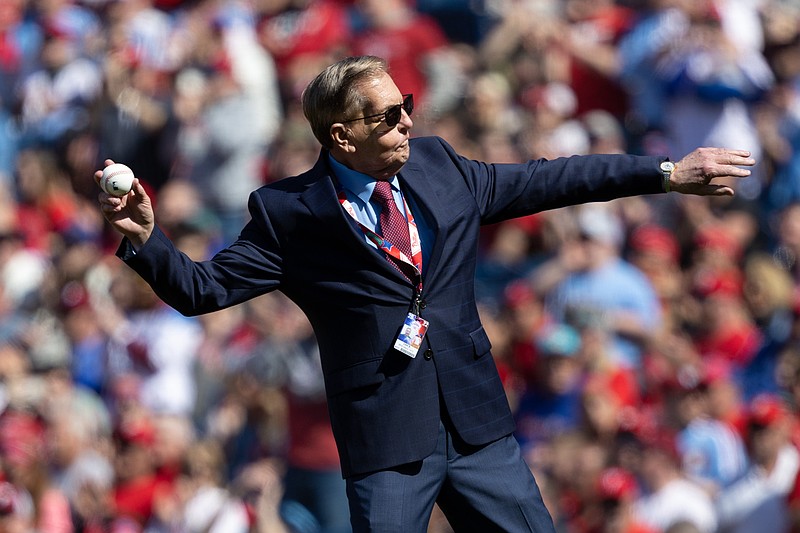 Apr 8, 2022; Philadelphia, Pennsylvania, USA; Philadelphia Phillies public announcer Dan Baker throws out the first pitch on opening day against the Oakland Athletics at Citizens Bank Park. Mandatory Credit: Bill Streicher-USA TODAY Sports