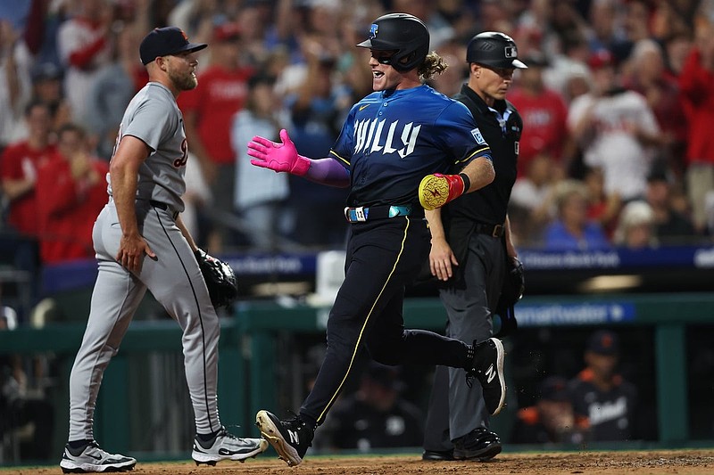 Aug 1, 2025; Philadelphia, Pennsylvania, USA; Philadelphia Phillies outfielder Harrison Bader (2) scores against the Detroit Tigers during the seventh inning at Citizens Bank Park. Mandatory Credit: Bill Streicher-Imagn Images