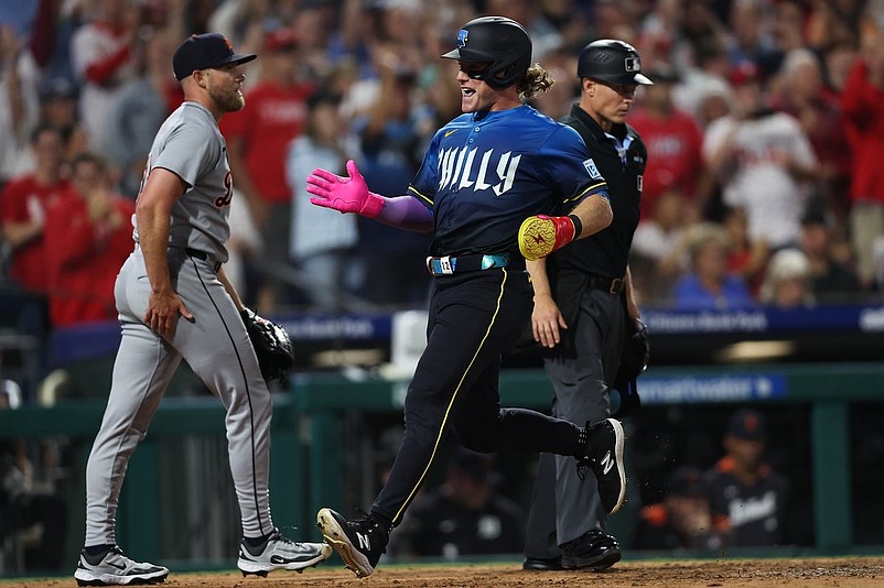 Aug 1, 2025; Philadelphia, Pennsylvania, USA; Philadelphia Phillies outfielder Harrison Bader (2) scores against the Detroit Tigers during the seventh inning at Citizens Bank Park. Mandatory Credit: Bill Streicher-Imagn Images