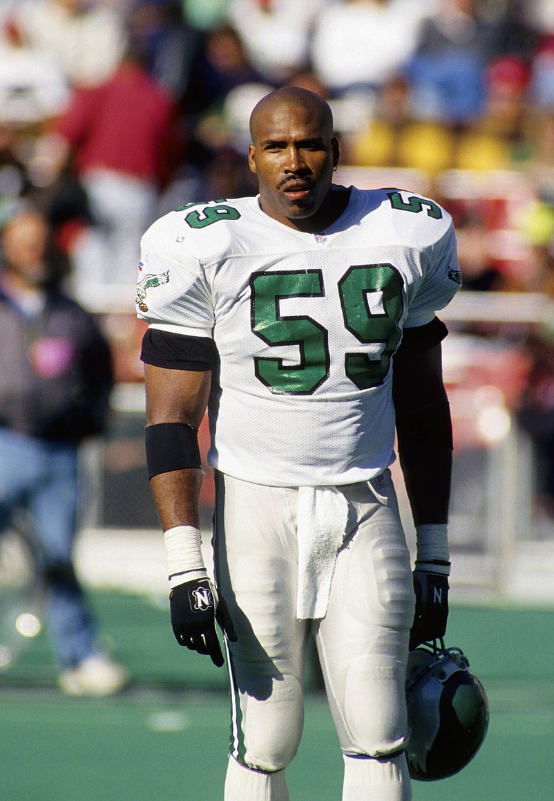Oct 10, 1993; Philadelphia, PA, USA; FILE PHOTO; Philadelphia Eagles linebacker Seth Joyner (59) on the field against the Chicago Bears at Veterans Stadium. Mandatory Credit: Manny Rubio-USA TODAY Sports