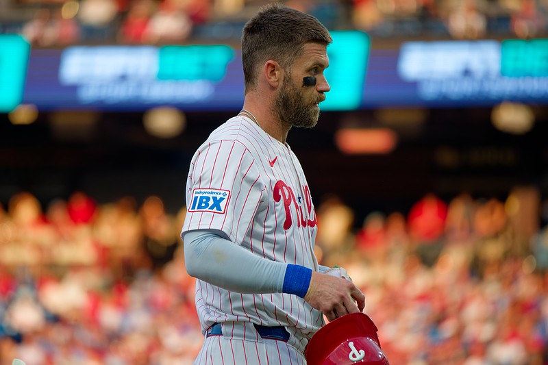 Philadelphia Phillies first baseman Bryce Harper looks to the dugout against the Detroit Tigers at Citizens Bank Park on August 3, 2025. (Grace Del Pizzo/On Pattison)