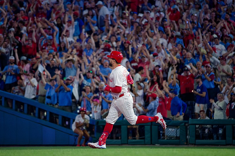 Philadelphia Phillies designated hitter Kyle Schwarber rounds the bases after hitting a home run against the Detroit Tigers at Citizens Bank Park on August 3, 2025. (Grace Del Pizzo/On Pattison)