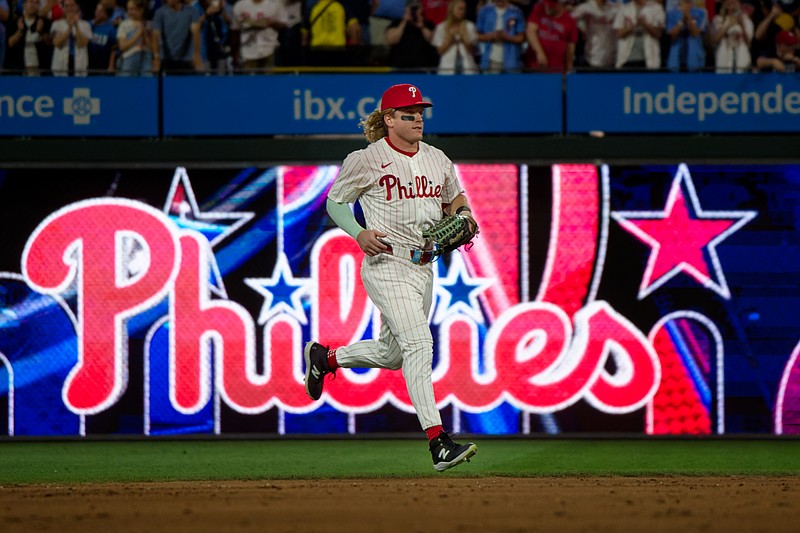 Philadelphia Phillies outfielder Harrison Bader runs in from the outfield after a win over the Detroit Tigers at Citizens Bank Park on August 3, 2025. (Grace Del Pizzo/On Pattison)