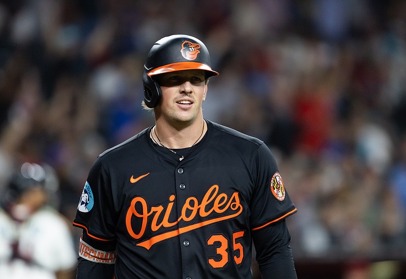 Apr 7, 2025; Phoenix, Arizona, USA; Baltimore Orioles catcher Adley Rutschman against the Arizona Diamondbacks at Chase Field. Mandatory Credit: Mark J. Rebilas-Imagn Images