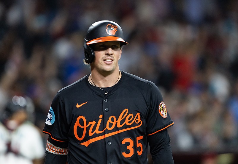 Apr 7, 2025; Phoenix, Arizona, USA; Baltimore Orioles catcher Adley Rutschman against the Arizona Diamondbacks at Chase Field. Mandatory Credit: Mark J. Rebilas-Imagn Images