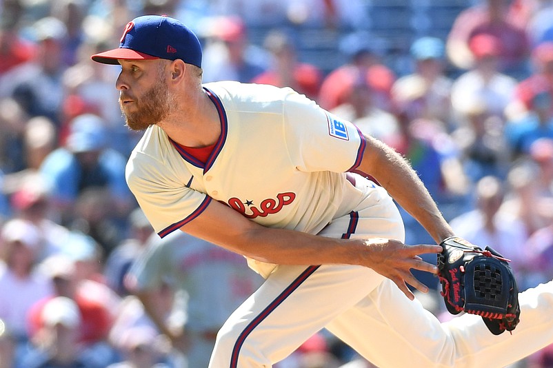 Jul 6, 2025; Philadelphia, Pennsylvania, USA; Philadelphia Phillies pitcher Zack Wheeler (45) follows through on a pitch during the ninth inning against the Cincinnati Reds at Citizens Bank Park. Mandatory Credit: Eric Hartline-Imagn Images