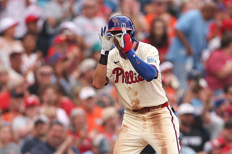 Aug 6, 2025; Philadelphia, Pennsylvania, USA; Philadelphia Phillies shortstop Trea Turner (7) reacts after his triple during the third inning against the Baltimore Orioles at Citizens Bank Park. Mandatory Credit: Bill Streicher-Imagn Images
