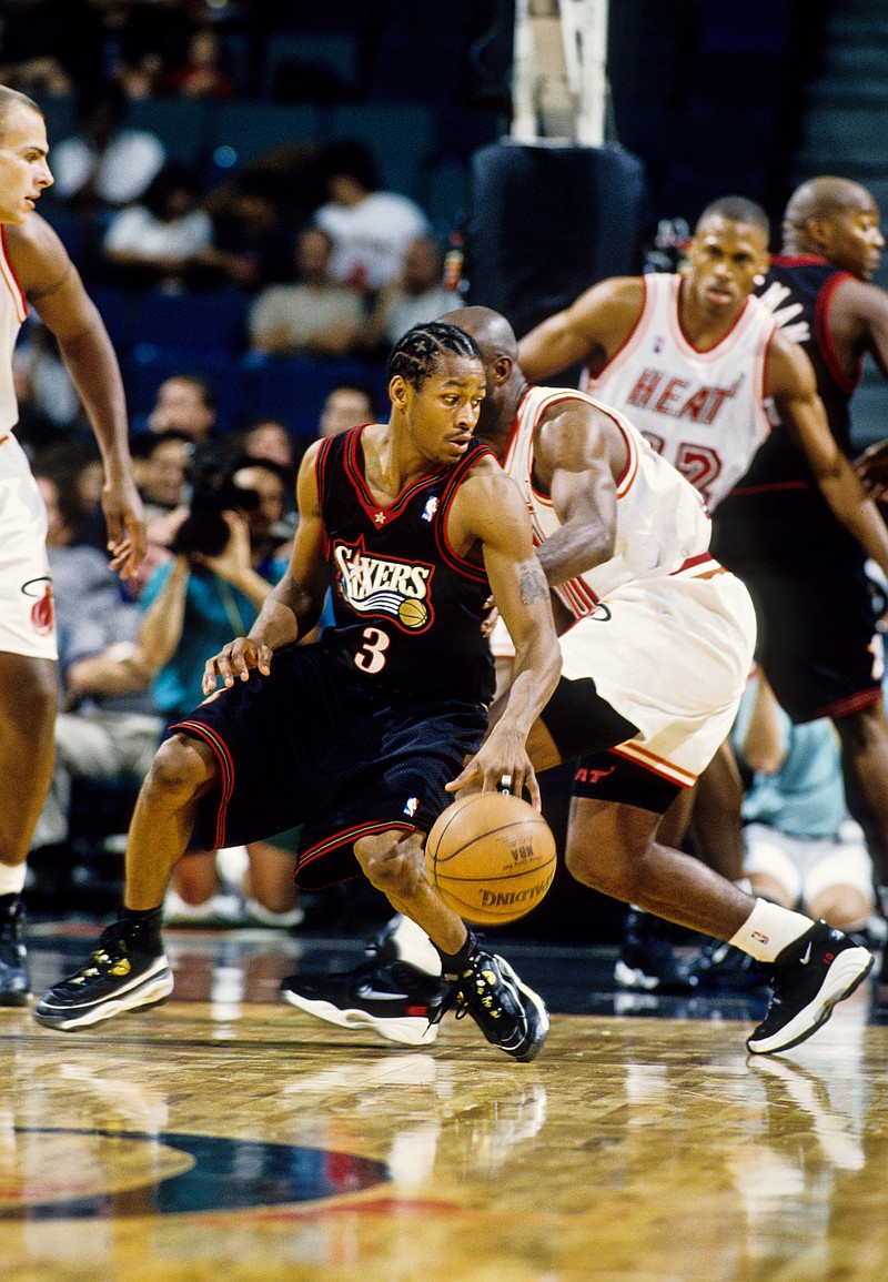 Unknown date, 1997; Miami, FL; USA; FILE PHOTO; Philadelphia 76ers guard Allen Iverson (3) in action against the Miami Heat at the Miami Arena. Mandatory Credit: RVR Photos-Imagn Images